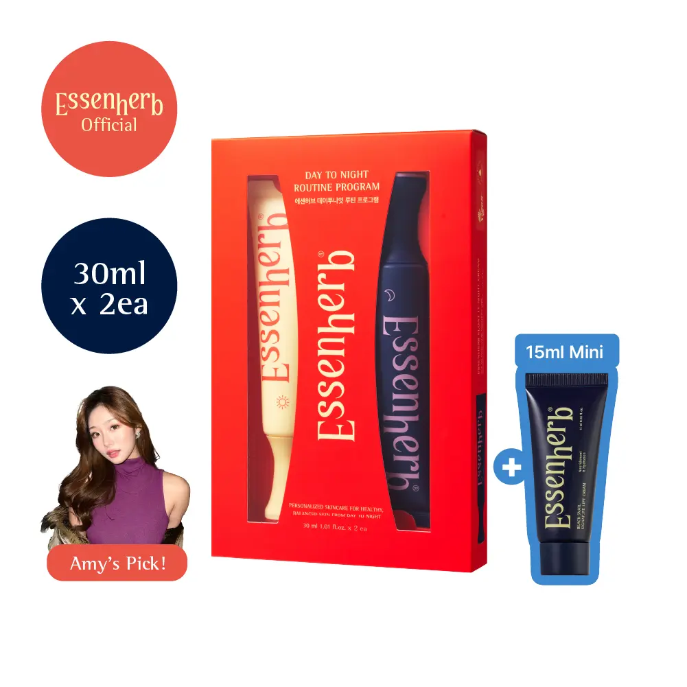 AmyFlamy’s Pick | Essenherb Day to Night Routine Program (60ml) - 24H Korean 2 Pack Vegan Cream Set with Bounce It Day Cream & Float It Night Cream for Hydrated Balanced Skin with ChewyBeanFerment