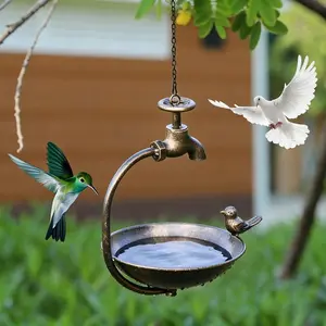 Vintage Style Hanging Bird Feeder, Hummingbird Feeder, Simple Metal Feeder with Faucet Design, Multi-Functional Bath Bowl with Bird Decorations, Suitable for decorating Outdoor Yards, Balconies, And Gardens, best gift for bird lovers.