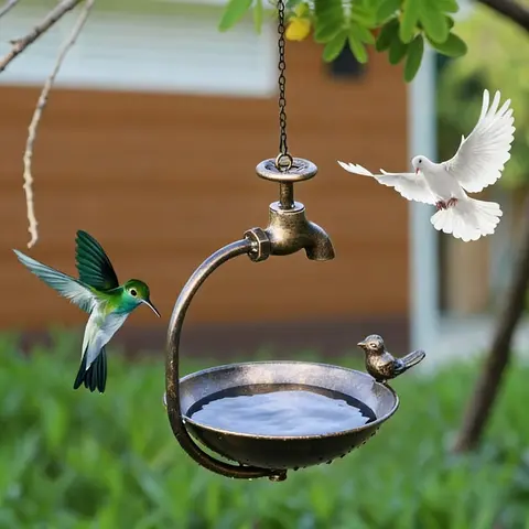 Vintage Style Hanging Bird Feeder, Simple Metal Feeder with Faucet Design, Bath Bowl with Bird Decorations, Bird Water Feeder, Hummingbird Feeder for Outdoor Yards, Balconies & Gardens, Bird Feeder for Balcony, Gift for Bird Lovers
