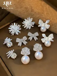 5 Pairs Elegant Stud Earrings, Geometric Heart Butterfly Flower Design, Imitation Pearl Glass Inlay, Daily Wear Party Jewelry Set, Earring Stacking Set, Dainty Fashion Jewelry
