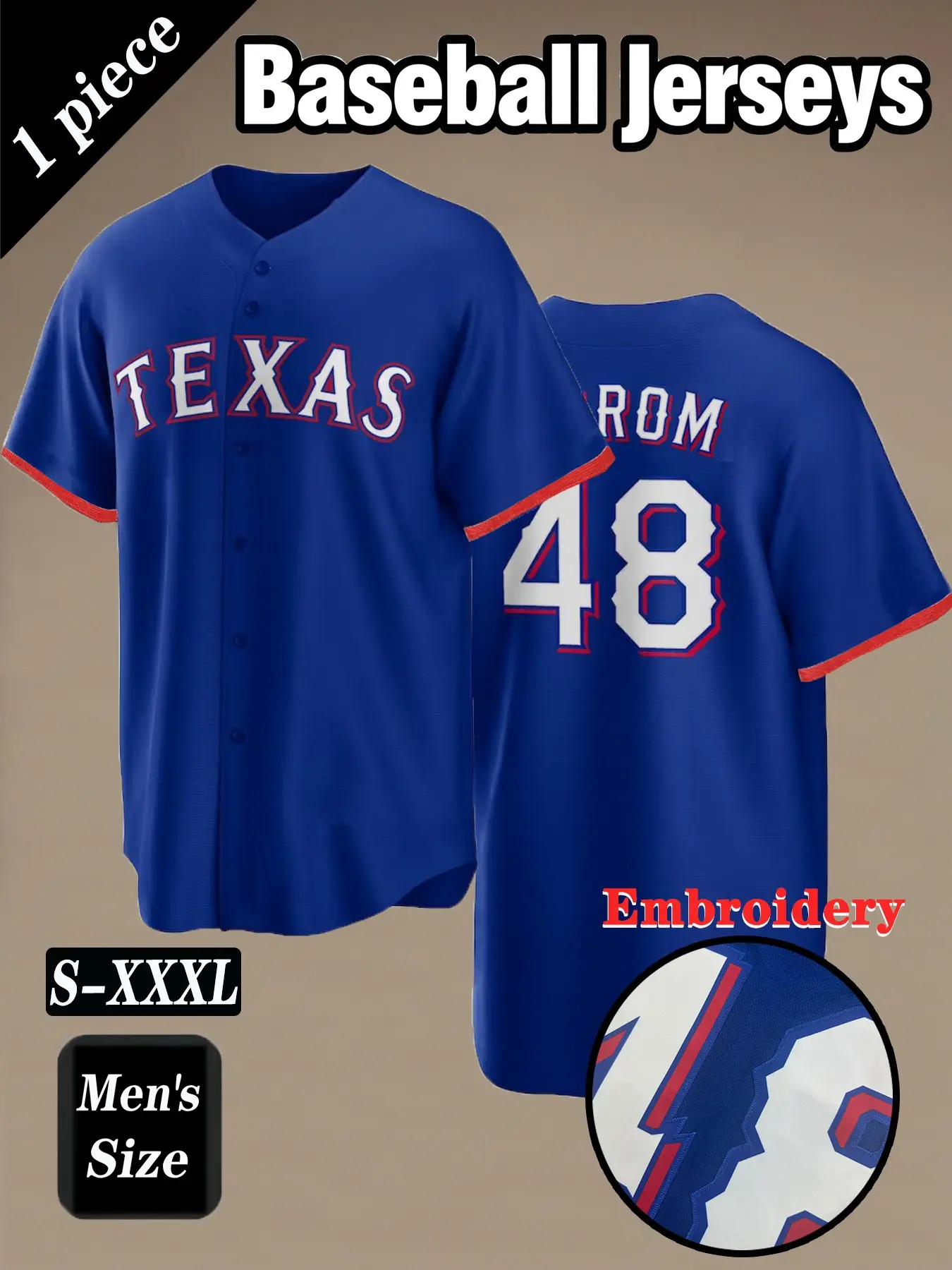 Men's #48 blue baseball jersey, Stylish jersey, Texas letter embroidery design, casual short sleeved V-neck comfortable breathable shirt suitable for outdoor sports and games, street fashion hip-hop outfit, Jersey Shirts