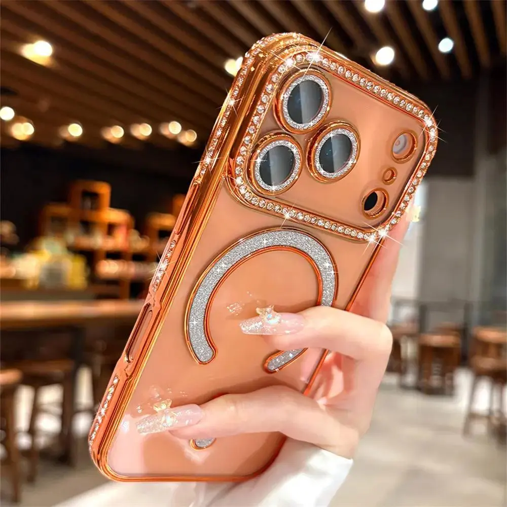 Magnetic Glitter Case for iPhone 17 Pro Max 17Pro 17Air 17, 16 15 14 13 12 [Compatible with MagSafe] Military-Grade Protection, Clear Cute Glitter Bling Cover Sparkle Diamond Camera Protector Cover for Women Girls