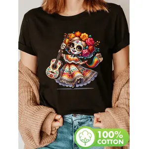 Vibrant Day Of The Dead Mexican Girl Dancing And Playing Guitar T Shirt For Women Short Sleeve Crew Neck Casual Top Ideal For Spring And Summer