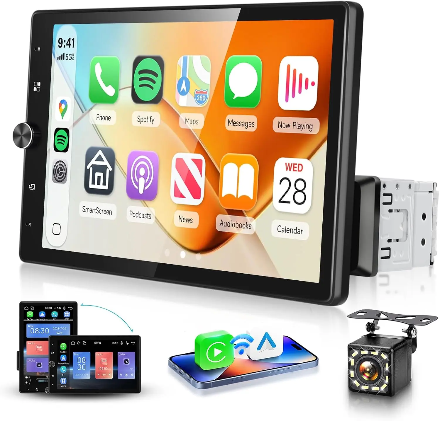 10.4'' Single Din Car Stereo with Wireless CarPlay Android Auto, HD Rotation Touchscreen Radio with Bluetooth, USB, Mirror Link, SWC, Car Play, FM/RDS Radio, Backup Camera