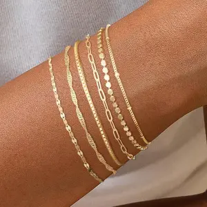 6Pcs Gold Bracelets Set for Women, Gold Plated Stackable Bracelet Stack Set Adjustable Charm Paperclip Chain Cuban Link Layered Waterproof Jewelry Sets Gifts for Womens