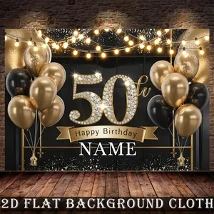 1PC,2D Flat Custom 50th Birthday Backdrop Black Gold Balloon Theme Personalized Name Banner Anniversary Party Photo Background Wall Hanging Decorations For Birthday Party Supplies