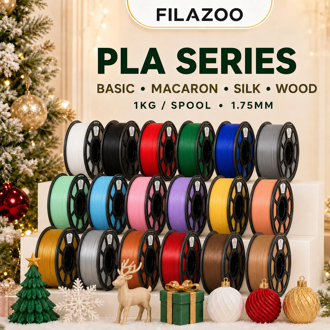 FILAZOO PLA 3D Printer Filament 1.75mm, 1KG Spool, Basic, Macaron Pastel, Silk Metallic and Wood PLA, Smooth Feeding for FDM Printers