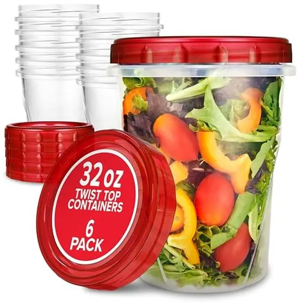 32oz Plastic Containers with Red Twist Top Lids (6 Pack) – Quart Freezer Containers for Leftovers, Airtight Reusable Soup Storage, Microwave & Dishwasher Safe