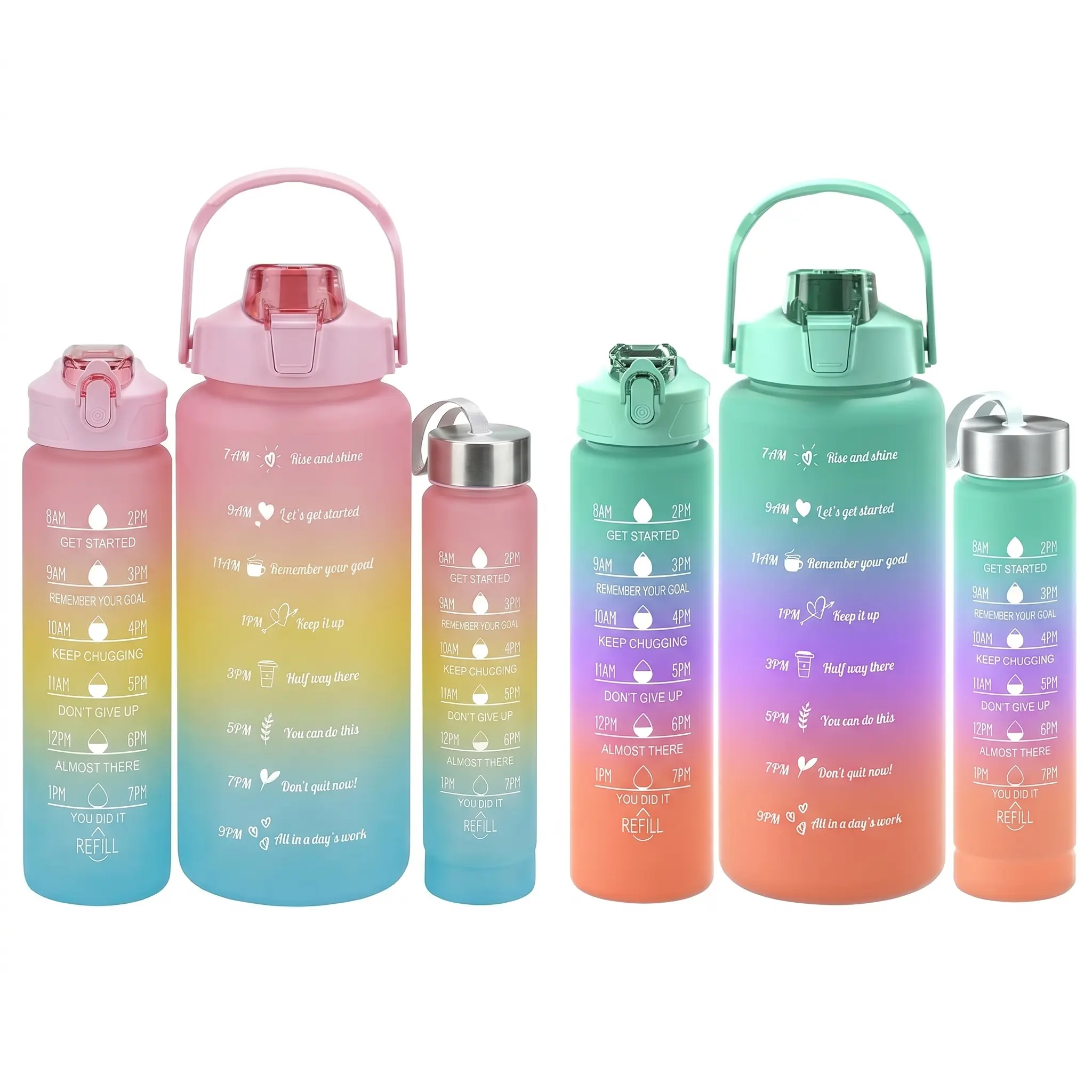 3Pcs Motivational Gradient Water Bottle Set - 67oz+25oz+10oz Leakproof Water Bottles with Time Marker & Straw for Gym Office Travel Large Capacity 3-in-1 Gradient Water Bottles - Motivational Time Marker, Leakproof & BPA Free for Sports, Gym & Travel