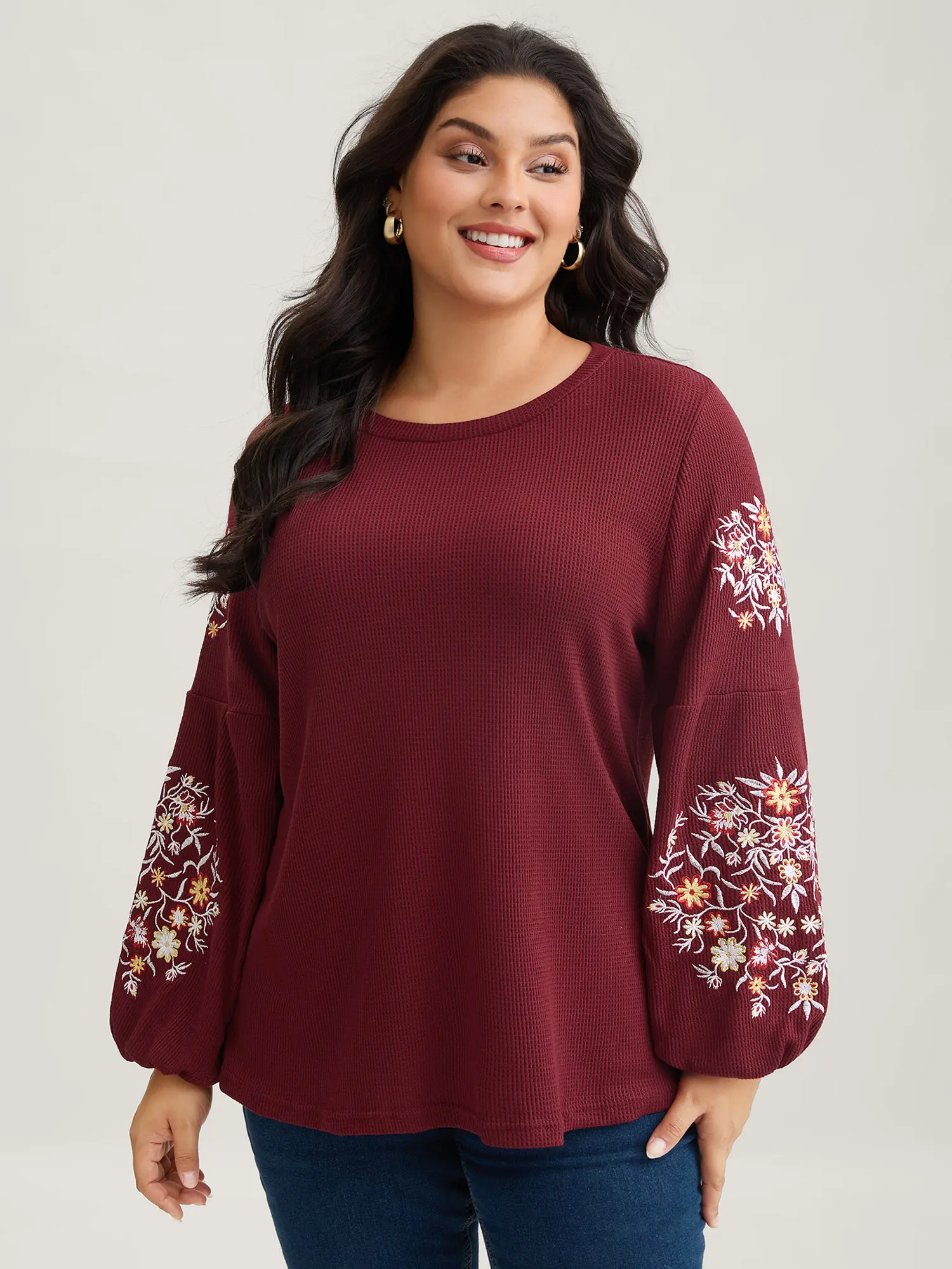 BloomChic Plus Size Women's Burgundy Embroidered Floral Blouse - Long Sleeve, Round Neck, Regular Fit Polyester-Spandex Fabrics, Casual-Workwear Style Shirts, M-6X 2026 Summer Essential Lantern Accent Plus Size Clothes