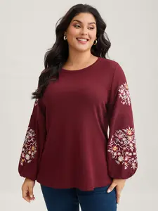 BloomChic Plus Size Women's Burgundy Embroidered Floral Blouse - Long Sleeve, Round Neck, Regular Fit Polyester-Spandex Fabrics, Casual-Workwear Style Shirts, M-6X 2026 Summer Essential Lantern Accent Plus Size Clothes,summerwins