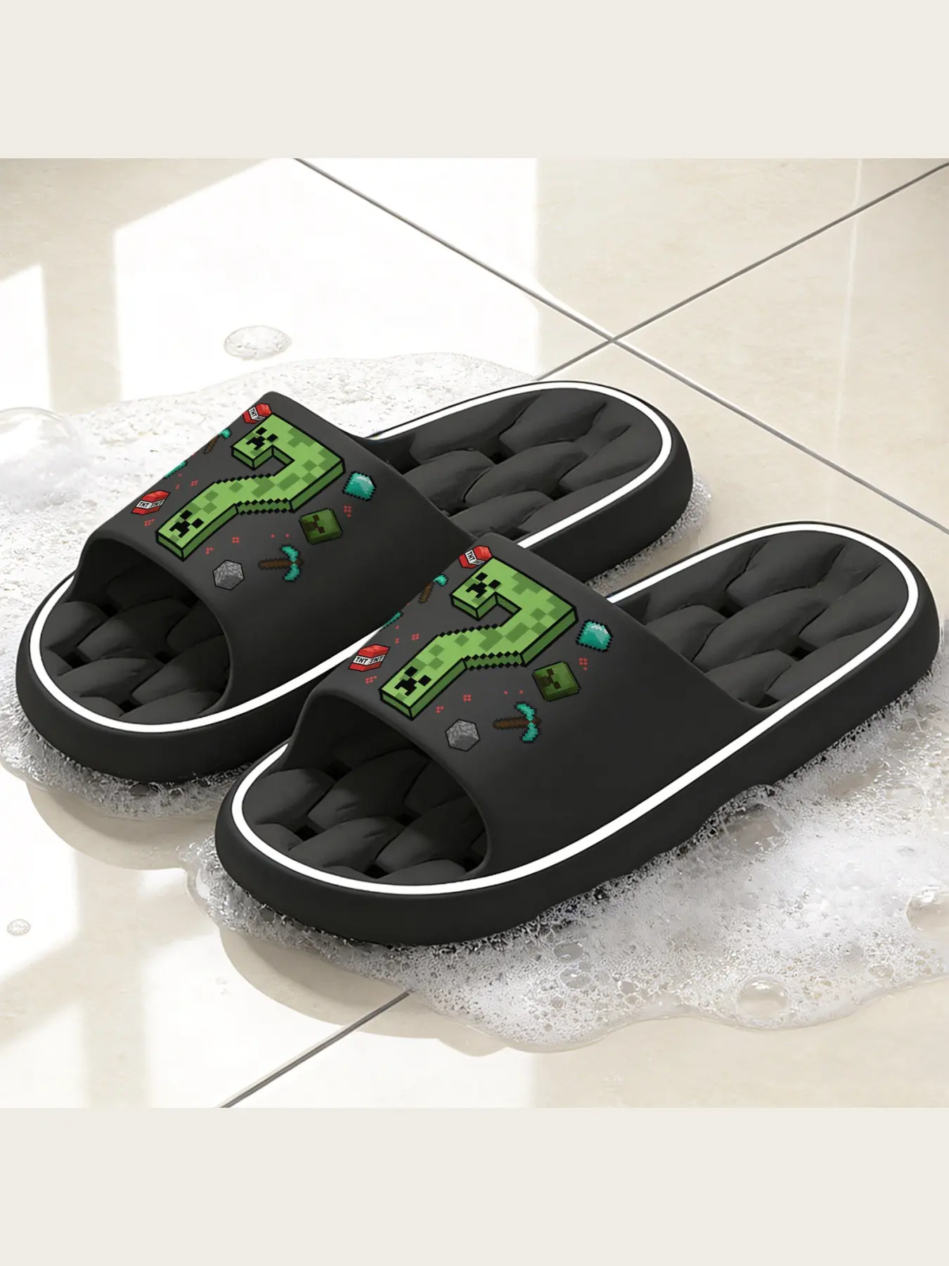 Minecraft Themed Non-Slip Slippers for All Ages, Creeper 7 Pixel Design House Slippers, Soft Warm Indoor Bedroom Slip-On Shoes, TNT Diamond Pickaxe Block Pattern Cozy Home Footwear for Game Fans