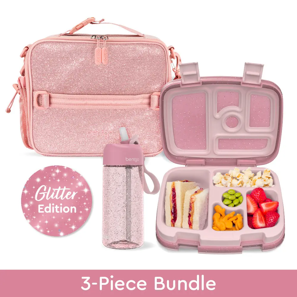 Bentgo Kids Glitter Lunch Set - 3-Piece Bundle with Glitter Finish, Lightweight Design, Includes Lunch Box, Water Bottle & Lunch Bag