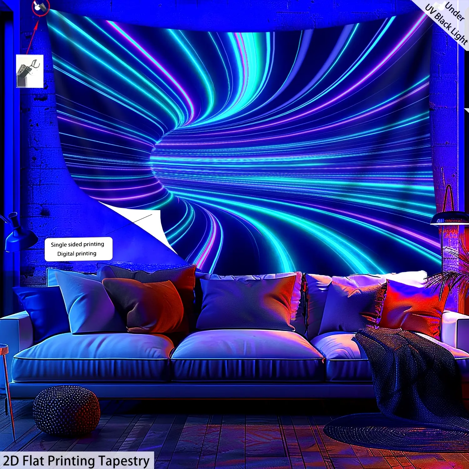 2D Flat, 2D Flat Printing Tapestry - 1pc Geometry Swirl - Glow In The UV Light Tapestry, Large Scale Fluorescent Printed Tapestry, Suitable for Bedroom, Office, Living Room, Home Decoration, Installation Free, 2D Flat