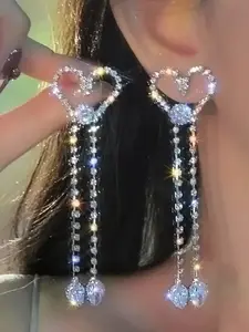 Elegant Heart Rhinestone Long Dangle Earrings, Sweet Fashion Jewelry for Women, Dainty Fashion Jewelry, Perfect for Parties & Daily Wear