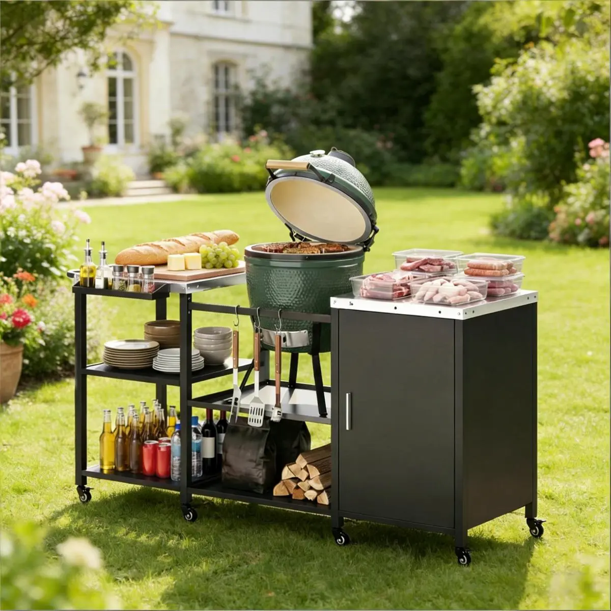 Heavy Duty Metal BBQ Prep Table,Grill Table,Grill Cart(Only Grill Table,Not Included Big Egg Grill)
