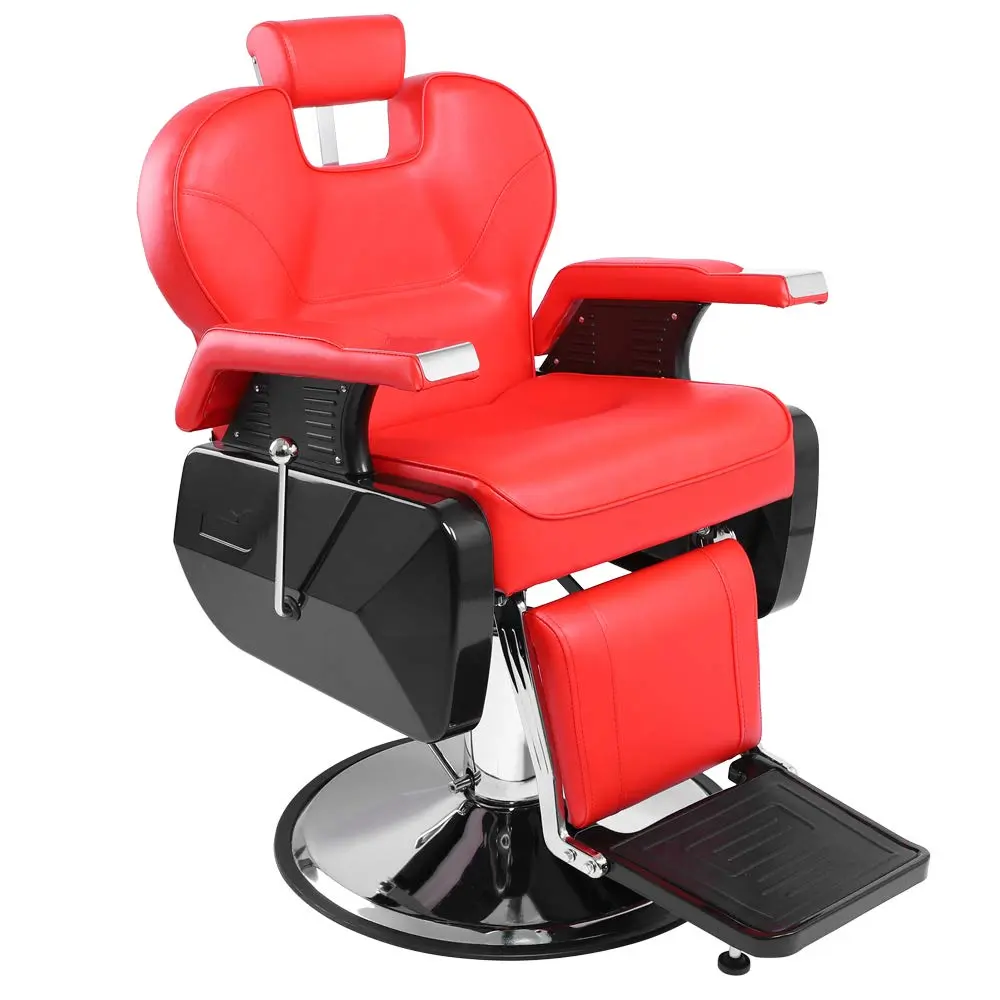 OmySalon Reclining Barber Chair - Sturdy Classic Leather Commercial Salon Furniture, Hydraulic Pump, 360-Degree Swivel, Height Adjustable Lift, Heavy-Duty Easy-to-Assemble for Hairdressing, Easy Setup
