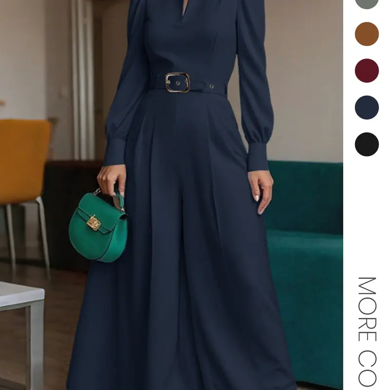 Women's European Style Minimalist Chic Elegant Commuter Mock Neck V-Neck Long Sleeve Woven Fabric Fit Wide Leg Casual Minimalist Jumpsuit, No Pocket Design, Perfect for Office Wear