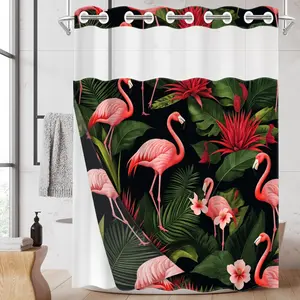 1pc hookless shower curtain with buckle lining, black background with pink and green flamingo floral design 2D flat print, fabric waterproof lining, see-through double-layer shower curtain, 71 x 74 inches, modern home draping curtain, Bathroom Curtain