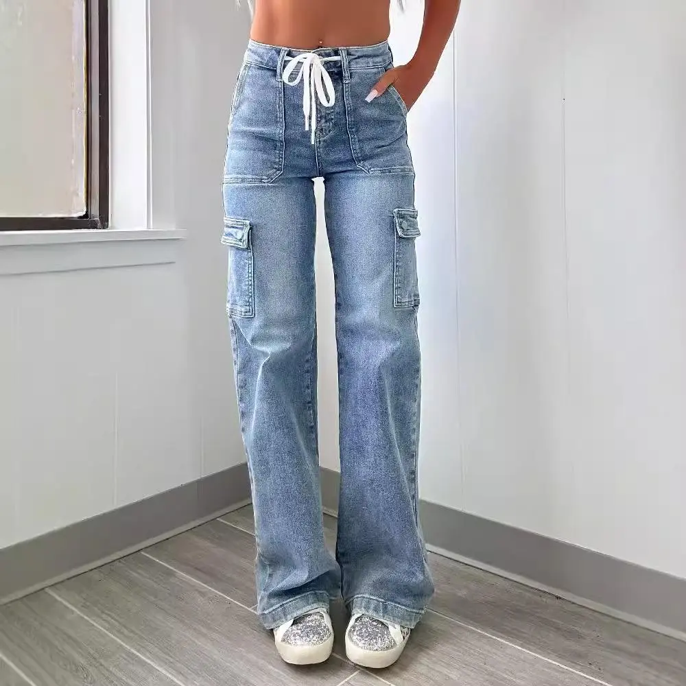 Maomous 2025 New style women's leisure straight-leg jeans with laces and multiple pockets. Casual Fashion Denim Fabric sweatpants jeans Fit Womenswear
