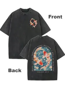 Men's Washed Cotton Double Sided Print T-Shirt Carp Koi Isaiah 432 Bible Verse Retro Vintage Loose Fit Casual Tee Summer Breathable Couple Outfit Faith Inspired Streetwear