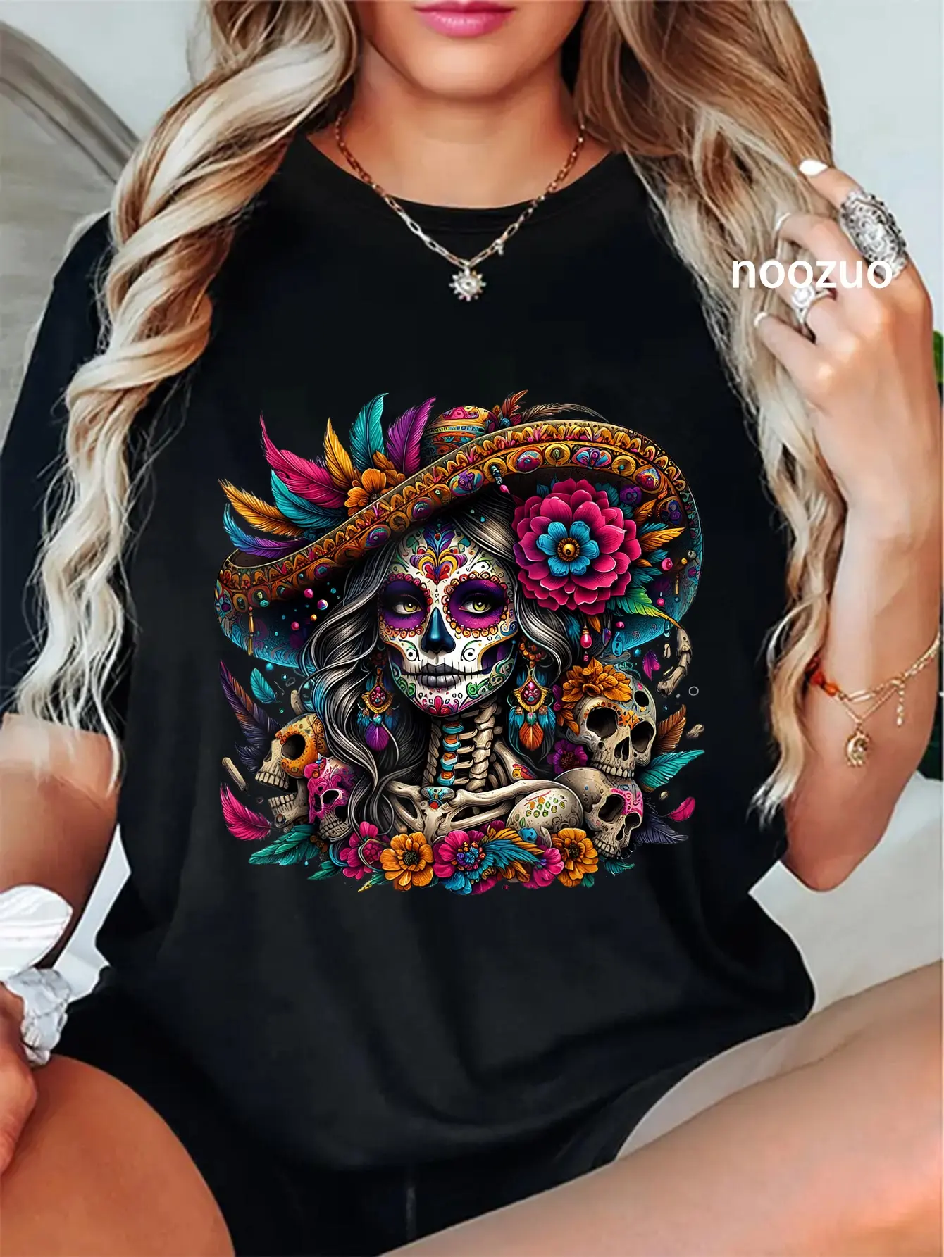 Women's Day of the Dead Tshirt, 100% Cotton La Catrina Sugar Skull Top, Casual Alternative Style for Alt Girls