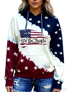Women Hoodies "We the People" American Flag Star Print Graphic Sweatshirt Casual Long Sleeve Hooded Pullover, Patriotic Apparel Ideal for Independence Day Celebrations & Daily Use