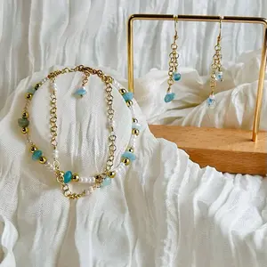 Aurora Cascade bracelet and Earrings set. With Green Aventurine, Amethyst and Aquamarine Quartz stones, with Eggshell Seed Beads 18 Gold Plated Metals Jewelry for Natural & Modern Aesthetics