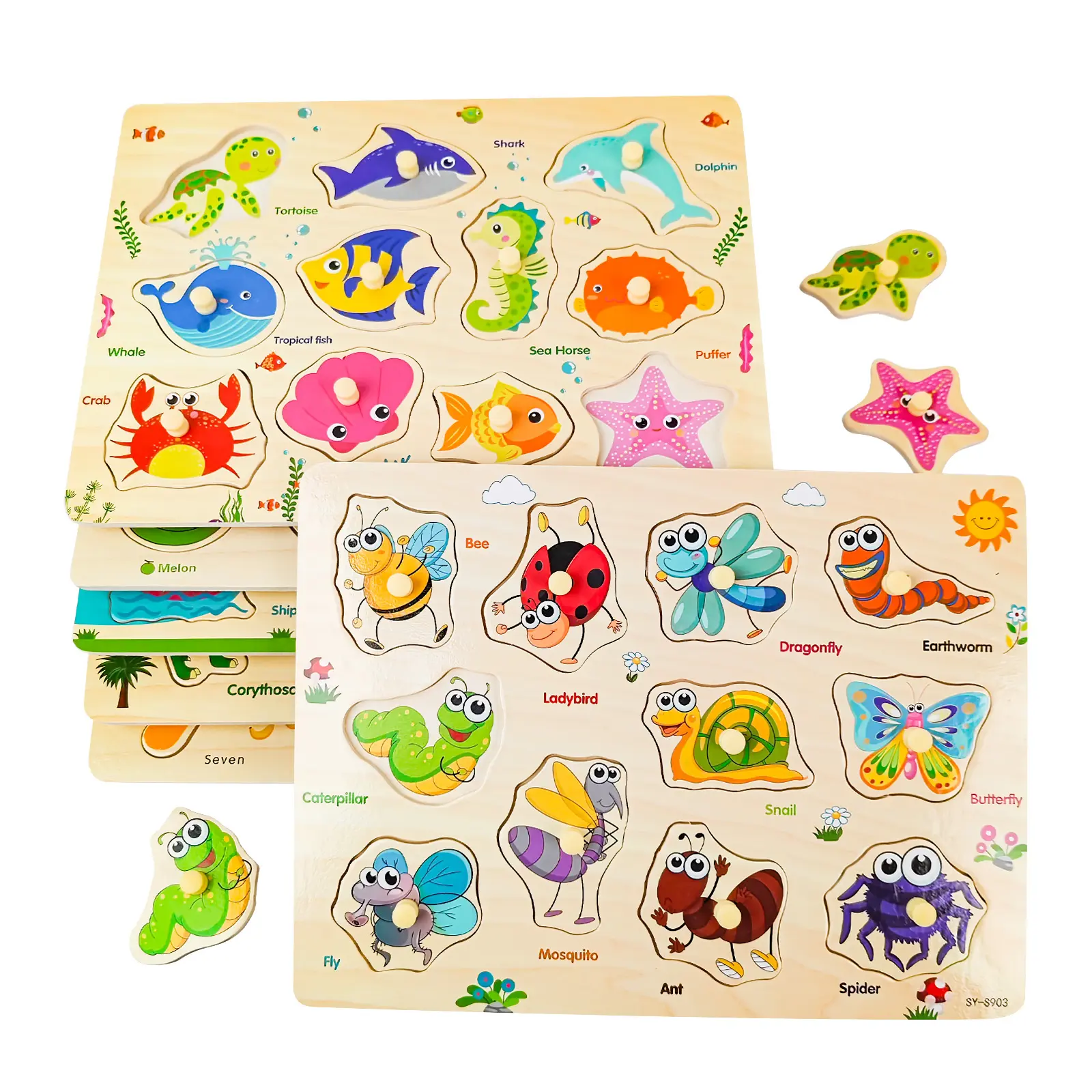 Wooden Puzzles Set, Montessori Learning Toy for Toddlers 1-5, Develop Fine Motor Skills & Problem Solving with Alphabet, Number, Animal and Vehicle Themed Pieces