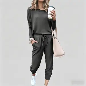 Women's Aesthetic 2-Piece Matching Loungewear Set - Breathable Comfortable Elastic Fabric Crew Neck Long Sleeve Tee & Drawstring Joggers, Cozy Casual Outfit for Errands, Summer Soccer Game Day