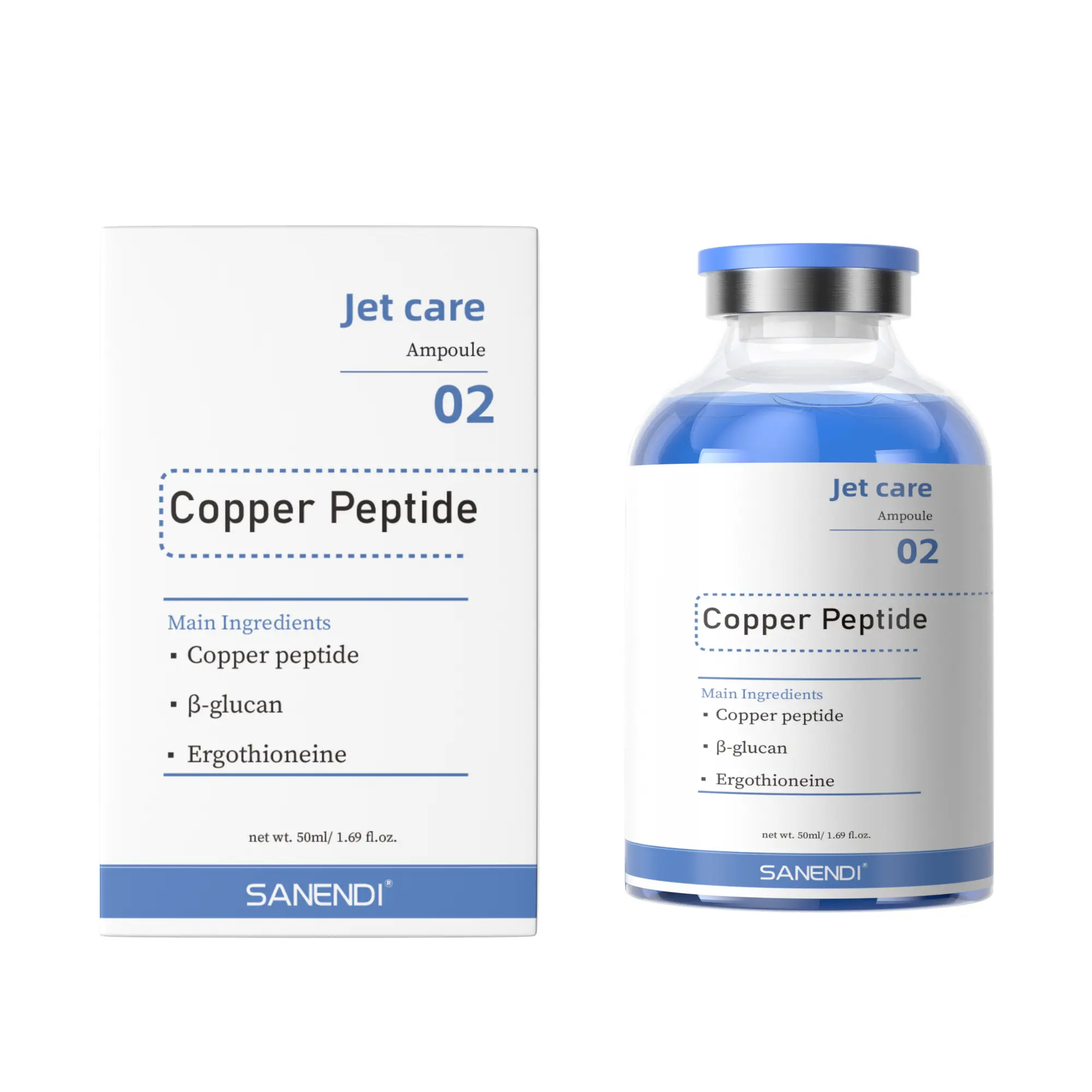 SANENDI Jet Care 02 Copper Peptide Glass Ampoule Serum, 50ml Antioxidant Repair Booster for Sensitive Skin