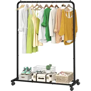 Standard Clothes Clothing Garment Rack with Storage Shelves, Rolling Clothes Organizer on Wheels for Hanging Clothes, Black