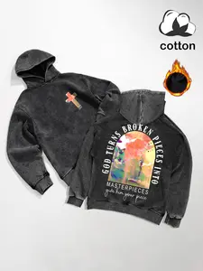 Gothic God fragment print black vintage washed sweatshirt, suitable for autumn and winter, women's casual long-sleeved round neck drop shoulder pullover sweatshirt, women's plus velvet sweatshirt