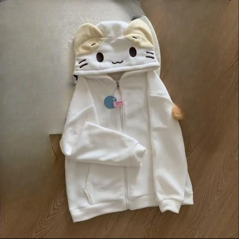 Kawaii Lolita Style Women Fleece Hoodies Cutecore Oversize Soft Girl Zipper Sweatshirt Casual Cartoon Cardigan