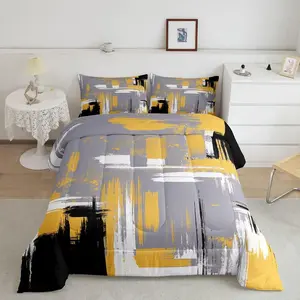 Abstract Luxury Bedding Set,Modern Abstract Art Designer Comforter Set,Yellow Grey Black King Size Comforter,Room Decor Lightweight Retro Duvet Set