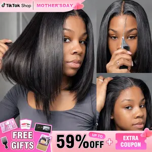 Layered Cut Bob Yaki Straight Wig 9x6 T Part Wear Go Glueless Bob Wigs Human Hair Bleached Knots For Women 180 & 250% Density Deep Part Lace Glueless Wig