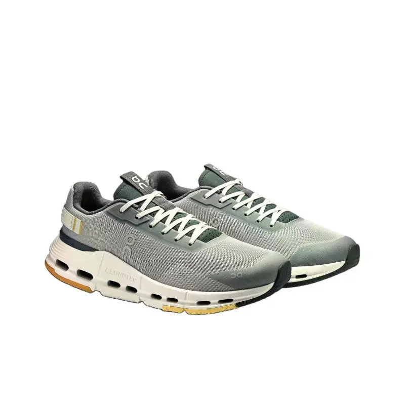 Stylish Grey‑Green Color Block Athletic Running Shoes For Men & Women, Breathable Mesh Upper, High‑Elastic Shock‑Absorbing Thick Sole, Non‑Slip Outsole, Comfort Sport Sneakers For Racing, Training, Outdoor Sports & Everyday Outfits