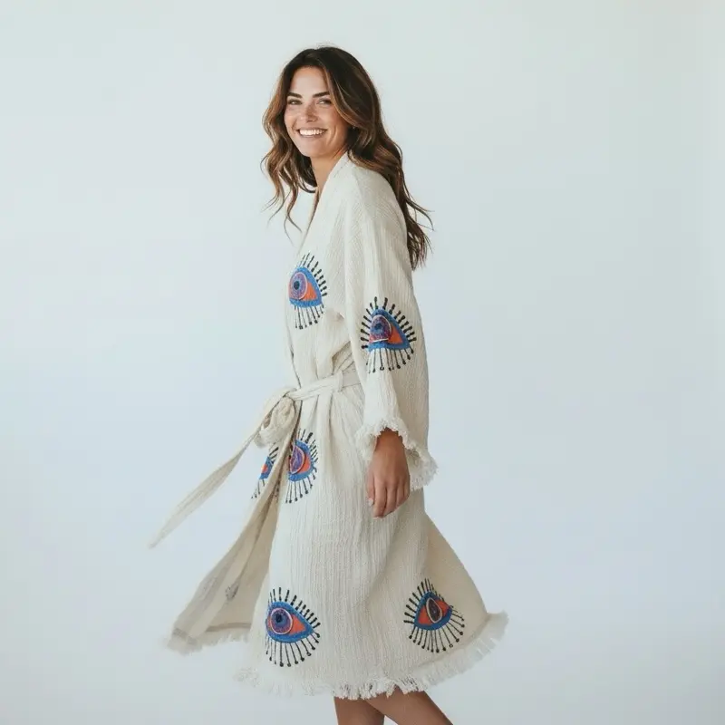 The Pinus Women's Evil Eye Robe,100% Cotton Maxi Robe - Loose-Fitting Style, Everyday Tie Closure, Multi-Color Boho Chic Long-Sleeve Kaftan, Loungewear Nightwear Bathrobe Coverup, 1 Size Fits XS-M (0-8)