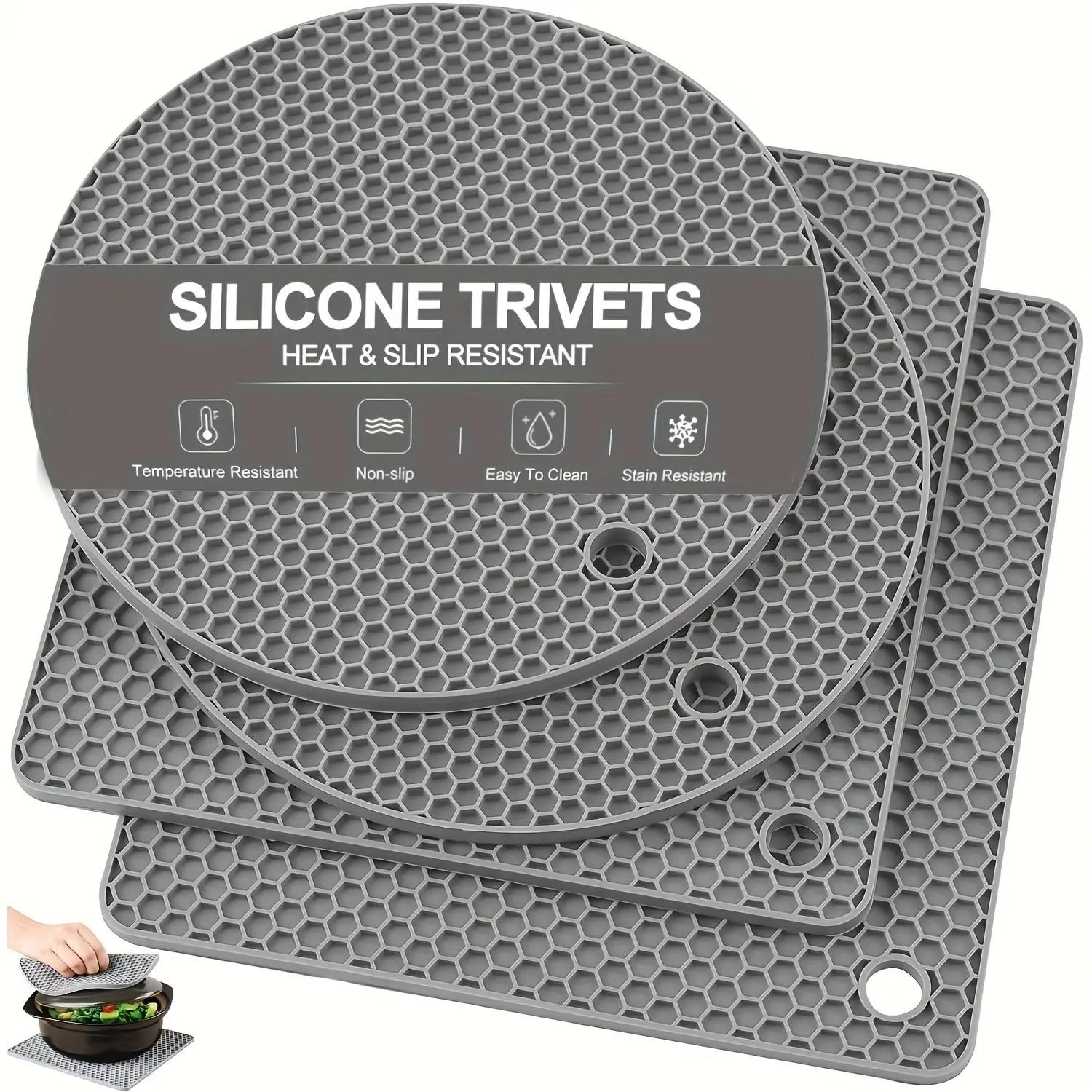 4PCS Heat-Resistant Non-Slip Silicone Trivets Set - Kitchenware, Durable Pot Holders, Kitchen Hot Pads, Multipurpose Jar Openers & Coasters for Pots & Pans, Silicone Mat, Hand Wash Only