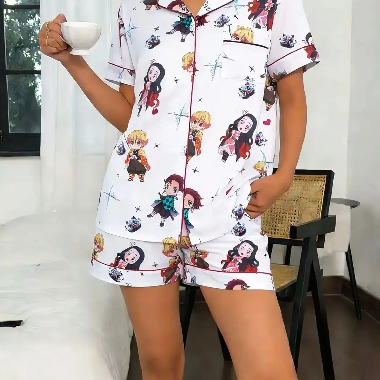 Women's 2-Piece Anime "Demon Slayer" Character Print Short Sleeve Shorts Set Pajama Set with Soft Comfort Top, Small Pocket, Collar Design, Button Closure, Elastic Waistband, Suitable for Daily Casual Wear and Sleepwear in All Seasons Homewear