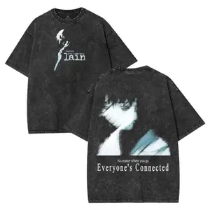 Retro Vintage Serial Experiments Lain Anime Unisex Anime Manga Washed Heavy Cotton T-shirt, Anime Clothing Menswear Fit Everyday Tshirt