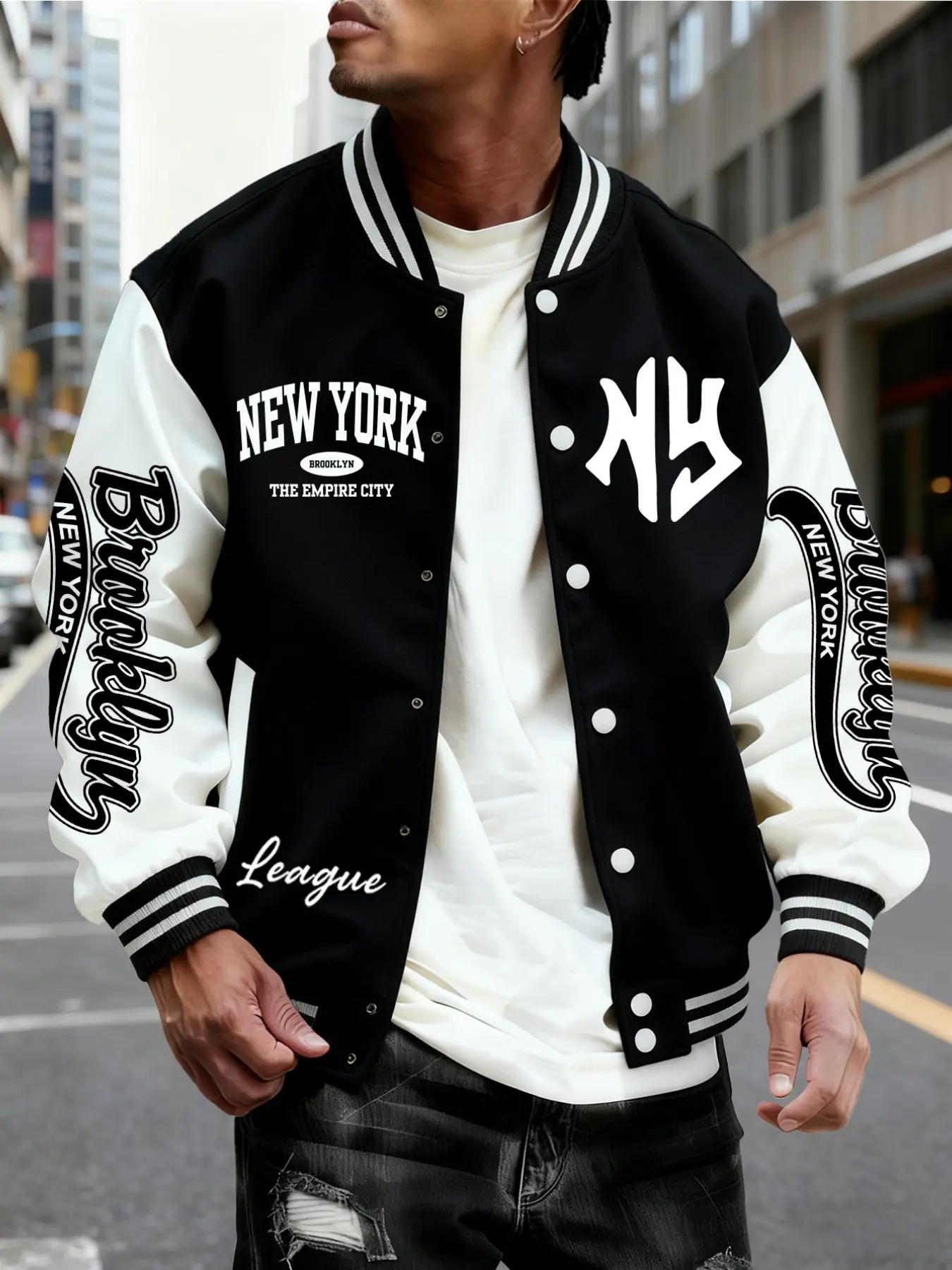 Trendy Baseball Jacket New York Style Ny Letter Pattern, Casual Colorblock Sleeves, All Season Comfortable Outerwear, Perfect for Travel and Parties