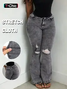 GILIPUR Y2K 2026 Women's Raw Edge Ripped Waist Jeans, Low-Waisted Elasticity Waist Flared Jeans, With Pockets, Vintage wash, Kardashian Style, Fashion, Women's Bell - Bottoms Wide - Leg Jeans, Distressed Design, Womenswear, Pants, Tchic