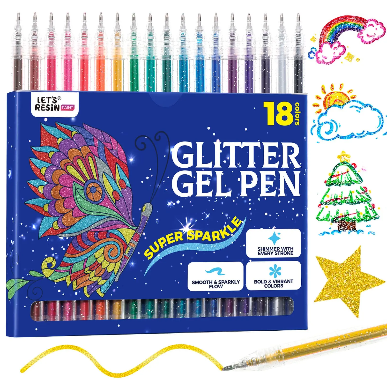 LET'S RESIN Glitter Gel Pens, 18 Vibrant Metallic Colors, Retractable Sparkle Shimmer Pens, Back to School Supplies, Student Essentials & Teacher Classroom Must Haves for Adult Coloring, Note Taking, Journaling, Planners, Cards & DIY Art