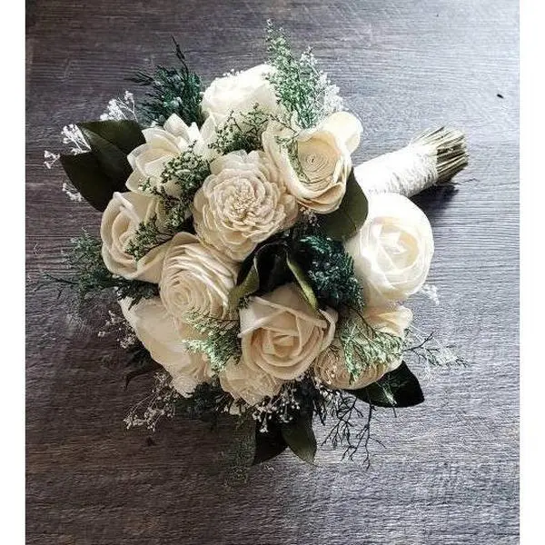 Ivory and Greenery Artificial Ferns Wooden Flower Bouquet - Decorative Floral Arrangement with Plants for Weddings, Home Decor