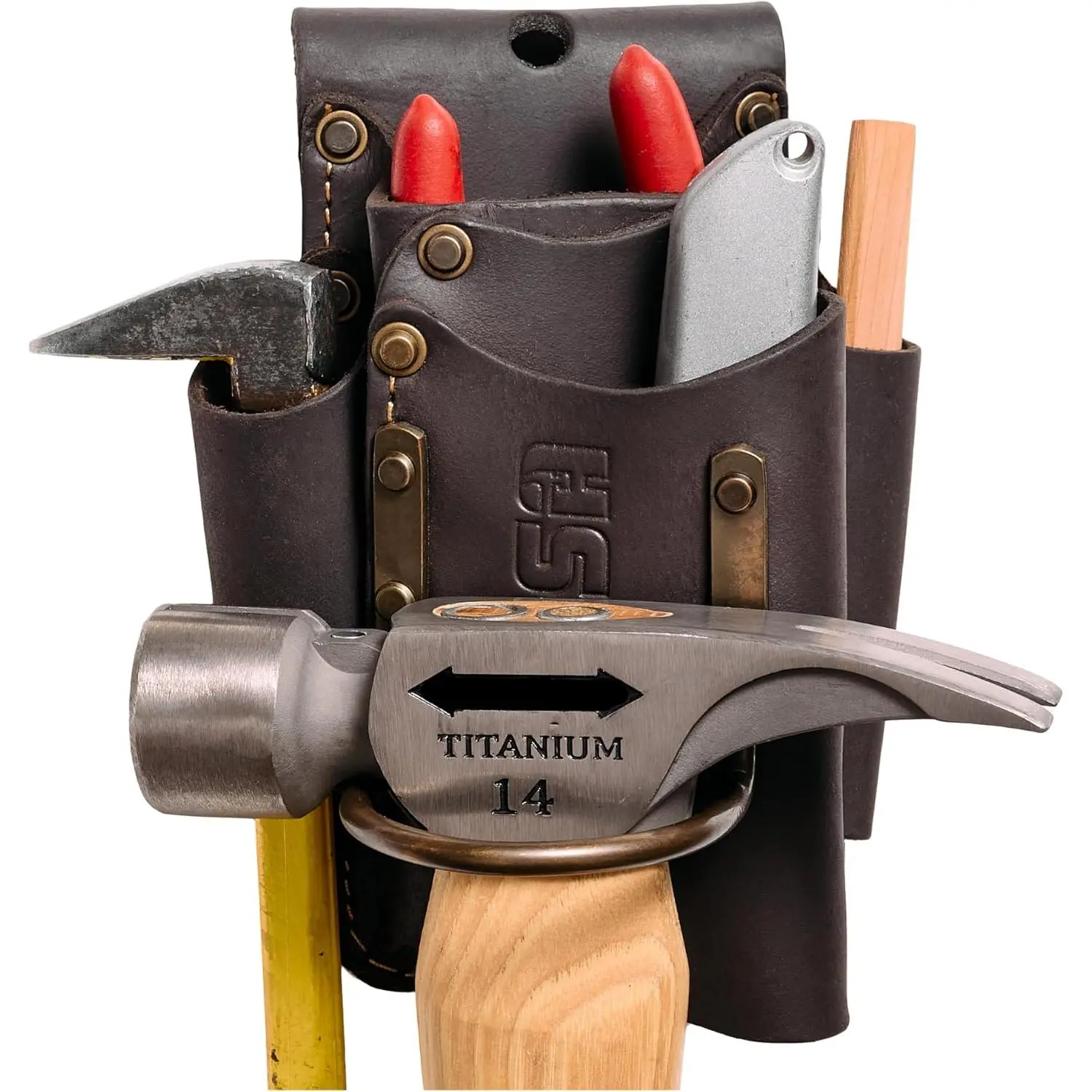 Small Leather Tool Pouch - 5-in-1 Heavy Top Grain Leather Small Tool Pouch with a Steel Hammer Loop, 4 Pockets & Reinforced Heavy Duty Rivets - Fits Belts up to 3" - Handcrafted