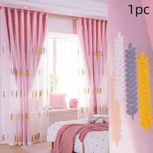 1pc Elegant European Style Wheat Field Embroidered Blackout Home Decoration Curtain, Dual Layer Drapes for Bedroom Office Kitchen Living Room Study Decor