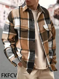 Men's American Retro Checked Plaid Shirt, Spring & Fall New Style, Loose Fit Casual Long Sleeve, Youth Fashion Outerwear