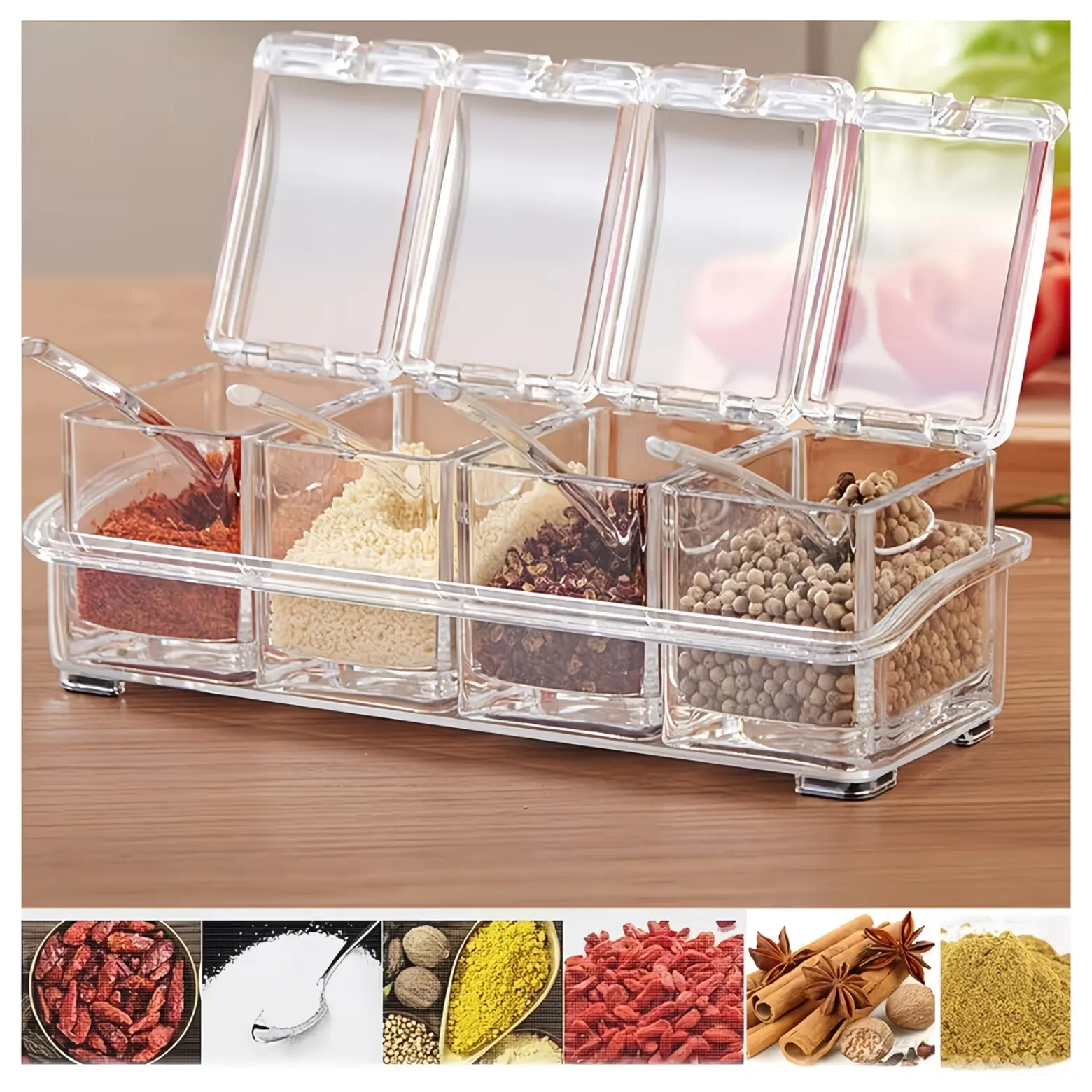 4 Pieces Clear Seasoning Box, Seasoning Rack Spice Pots, Storage Container Condiment Jars Acrylic Seasoning Box With Covers and Spoons for Spice, Sugar, Salt, Sugar, Cardamon, Cinnamon