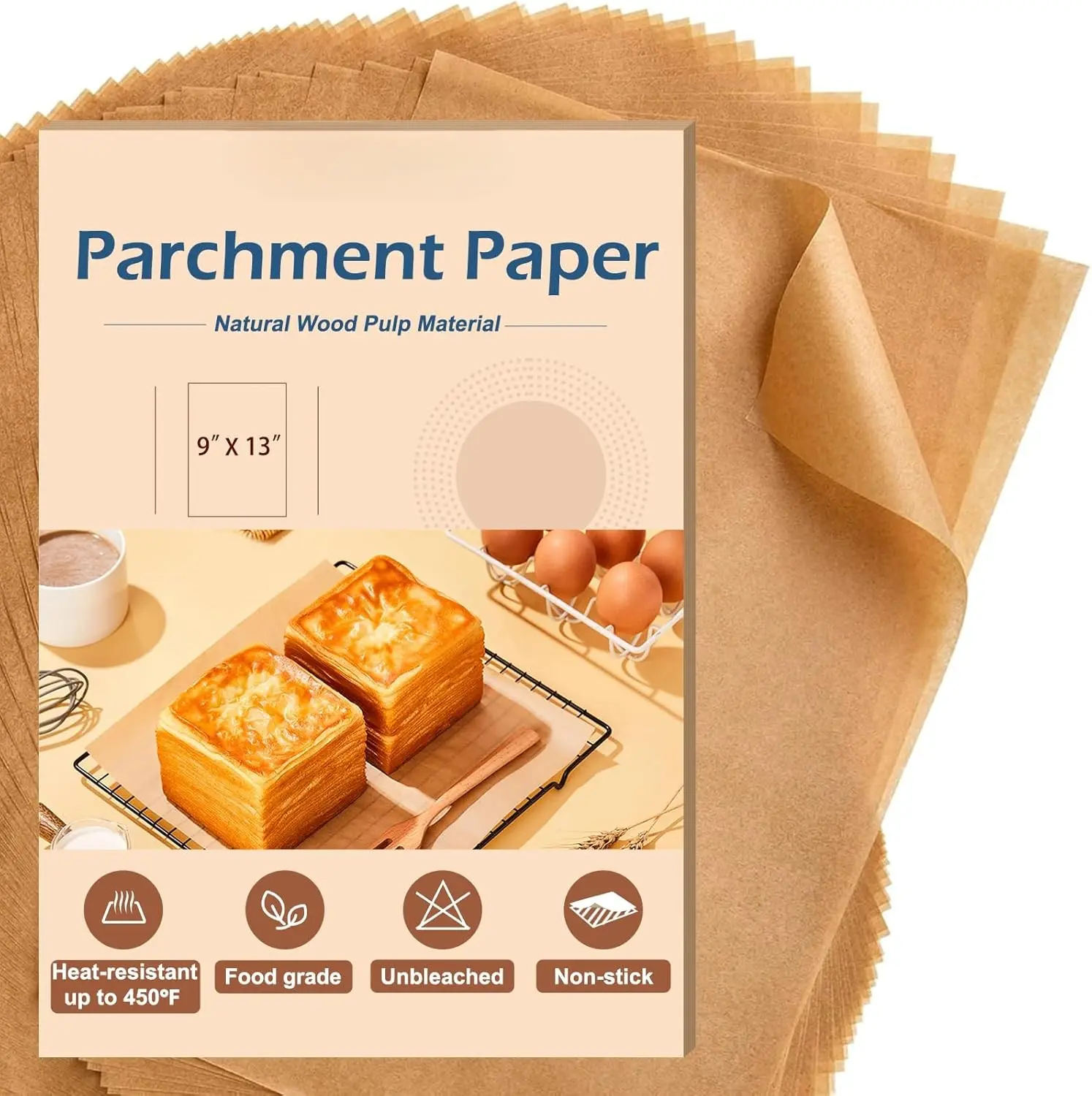 Unbleached Parchment Paper Baking Sheets, 9x13IN Precut Non-Stick Parchment Paper for Baking, Grilling, Air Fryer, Steaming-70 Sheets Unbleached Parchment Sheets for Bread Cup Cake Cookie And More
